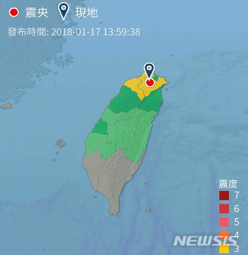 대만 기상청이 17일 제공한 지진 발생 지역 지도. /사진=뉴시스