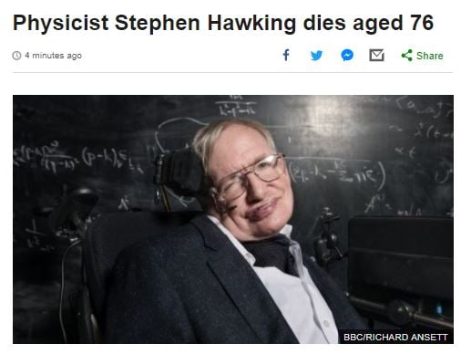 스티븐 호킹 별세. /사진=BBC 방송화면 캡처