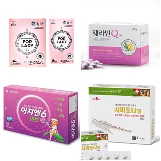 왼쪽 위에서부터 시계방향으로 현대약품 ‘마이녹실3%’, 동국제약 ‘훼라민큐’, 종근당 ‘시미도나’, 대웅제약 ‘이지엔6’. /사진=각사 제공