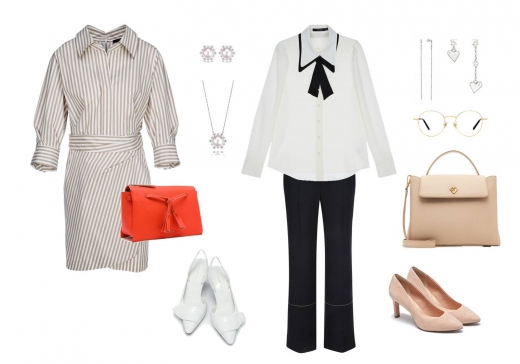 /사진=원피스, 슬링백, 질스튜어트 뉴욕(JILLSTUART NEW YORK) / 토트백 질스튜어트 액세서리(JILLSTUART NEW YORK) / 진주 이어링, 목걸이 골든듀(Golden dew) / 레드 클러치백 헤지스 액세서리(HAZZYS ACCESSORIES) / 드롭 이어링 리타 모니카(Rita Monica) / 안경 마노모스(MANOMOS) / 구두 락포트(ROCKPORT)