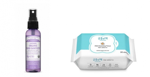 사진 : (좌로부터) 닥터 브로너스 라벤더 오가닉 핸드 새니타이저, 궁중비책 순딩자차 마일드 클렌징 티슈 