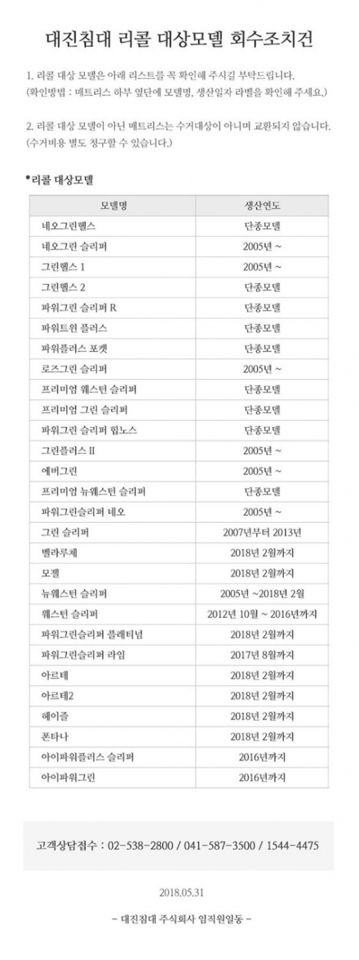 대진침대 리콜 대상모델 회수조치건. /사진=대진침대