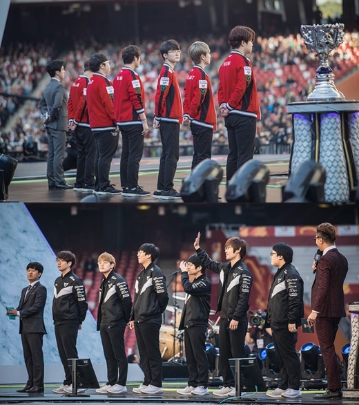 리그오브레전드 2017 월드 챔피언십 결승전에 진출한 SKT T1, 삼성 갤럭시 팀(위쪽부터). 한국팀 간 결승전이 펼쳐졌다./사진=라이엇게임즈 제공