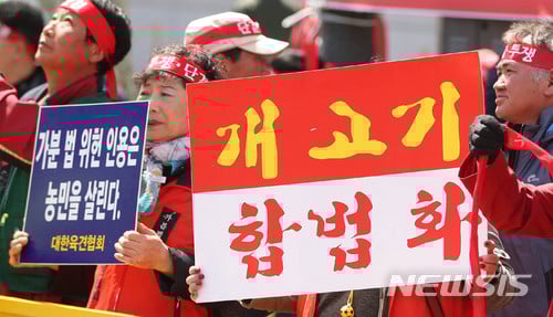 '가축분뇨법'을 놓고 개농장주와 동물단체의 맞불집회가 펼쳐졌다. 지난 4일 오후 서울 종로구 안국역 앞에서 대한육견협회가 '가축분뇨법 위헌 헌법소원 인용'과 '개고기 합법화'를 촉구하고 있다. /사진=뉴시스