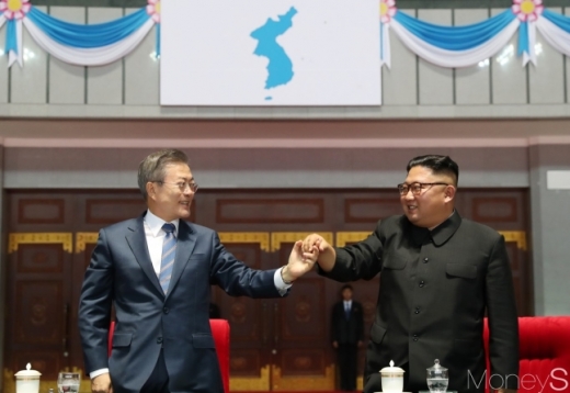 문재인 대통령과 북한 김정은 국무위원장이 지난 19일 밤 평양 5.1 경기장에서 열린 '빛나는 조국'을 관람한 뒤 손을 잡고 있다. /사진=평양사진공동취재단