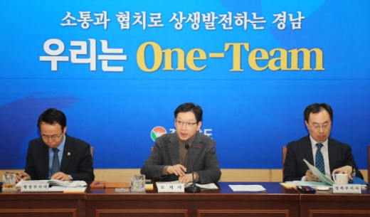 지난 15일 도청 도정회의실에서 ‘민선7기 제2차 시장․군수 정책회의’를 주재한 김경수 경남도지사(가운데)/사진=경남도