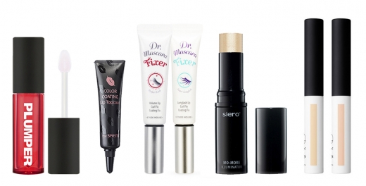 왼쪽부터 시에로코스메틱 오일플럼퍼, 더샘 샘물 컬러 코팅 립 탑코트, 에뛰드하우스 닥터마스카라 픽서, 시에로코스메틱 모모어 일루미네이터, 나스 틴티드 스머지 프루프 아이섀도우 베이스 