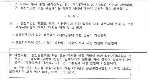 ▲ 보건복지부, 구 정신보건법 25조 관련 유권해석 내용. / 사진=머니S 