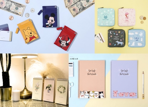 ▲(왼쪽 상단부터 반 시계방향) 예스24 디즈니 카드지갑(6만 원 이상), 인터파크 투두리스트(4만 원 이상)교보문고 스프링노트(5만 원 이상), 알라딘 반지갑(5만 원 이상) 순.