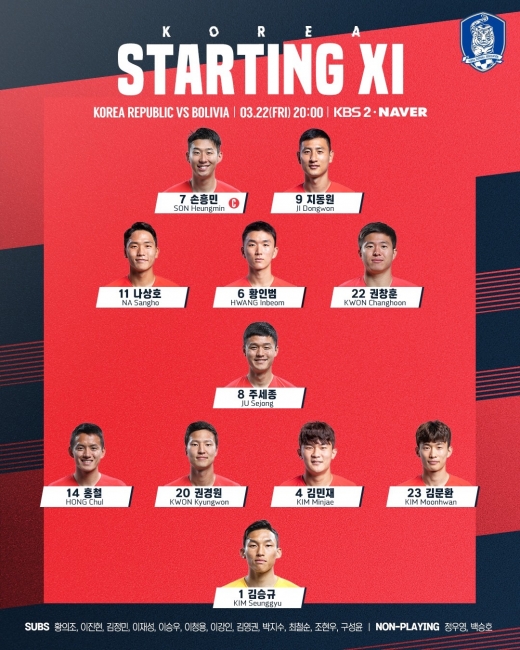 대한민국-볼리비아 선발 명단 공개./ 사진=대한축구협회 제공