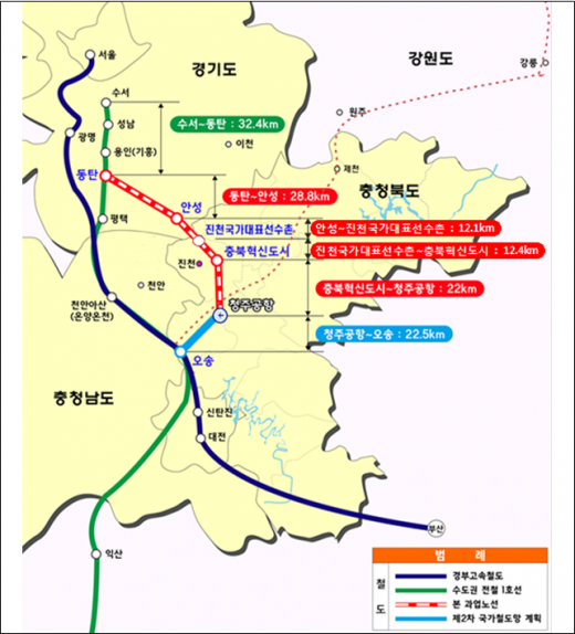 동탄~안성~진천~청주공항 철도 노선도. / 자료제공=안성시 
