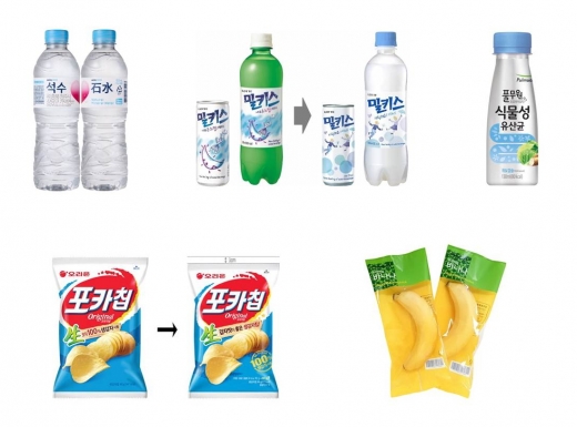 이미지(왼쪽 위부터 시계방향 순): 하이트진로음료 ‘석수’, 롯데칠성음료 ‘밀키스’, 풀무원프로바이오틱 ‘식물성유산균 위&캡슐’, 신세계푸드 ‘프리미엄 바나나’, 오리온 ‘포카칩’ 