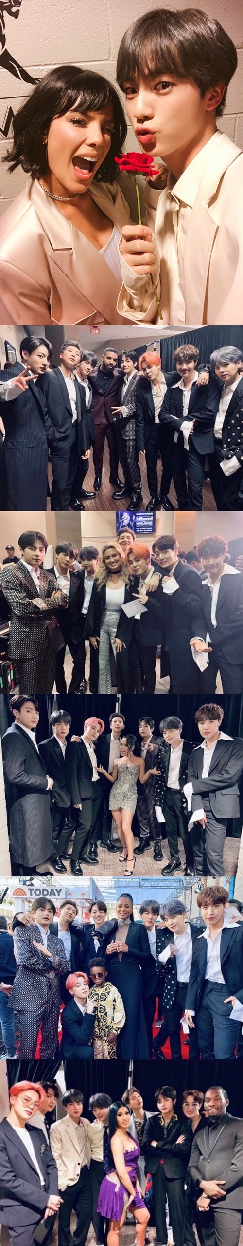 (위부터) 할시와 진, 방탄소년단과 드레이크, 토리켈리, 베키지, 씨아라, 카디비. /사진=방탄소년단 공식 트위터