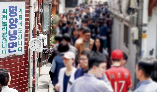 남북정상회담 이후 평양냉면을 먹기 위해 서울 마포구의 한 식당에 대기 손님들이 줄을 길게 서 있다. /사진=뉴시스 추상철 기자