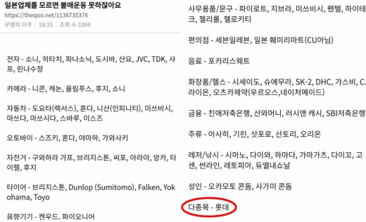 일본 제품 불매운동 리스트에 포함된 롯데. /사진=온라인 커뮤니티