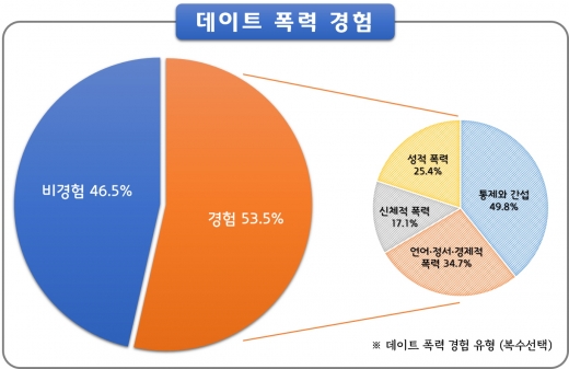 수원시민을 대상으로 한 ‘수원시 여성 폭력 실태조사’에 따르면 응답자 중 ‘데이트 폭력’을 경험한 사람이 절반이 넘는 것으로 나타났다. / 자료제공=수원시 아동·여성안전 지역연대 사례 협의회