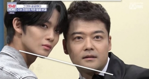 방송인 전현무(오른쪽)와 그룹 CIX 멤버 배진영. /사진=Mnet 'TMI뉴스' 방송화면 캡처