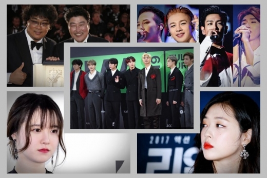올 한해 연예계를 뜨겁게 달군 주인공들. 영화 '기생충', 그룹 '빅뱅', 고 설리, 방탄소년단, 배우 구혜선(사진 위쪽부터 시계방향) / 사진= 머니S