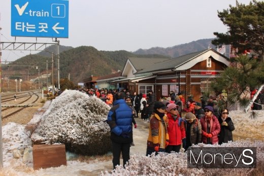 21일 경북 봉화군 분천역에서 분천 산타마을 개장식에 참석한 관광객들이 열차를 기다리며 산타마을을 둘러보고 있다. /사진=박정웅 기자