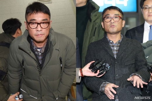 왼쪽부터 강남경찰서에 출석할 때, 조사를 마치고 나왔을 때의 김건모. /사진=뉴시스