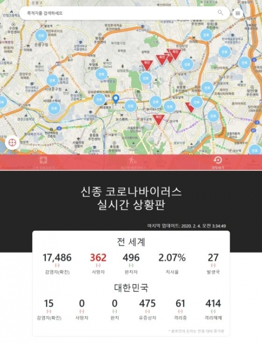 지난 2일 한국뿐 아니라 중국, 일본, 호주, 미국 등 전세계 상황을 볼 수 있는 '신종 코로나바이러스 실시간 상황판'이 등장했다. /사진=신종 코로나바이러스 실시간 상황판 캡처