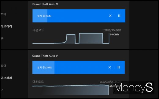 DNS 주소 변경 전(위)과 변경 후(아래) 다운로드 속도 차이. 3일간 20%에 못미쳤던 게임 다운로드는 15분만에 끝났다. /사진=박흥순 기자