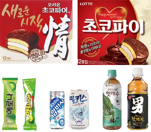 (왼쪽부터 시계방향) ▲오리온 ‘초코파이’와 롯데제과 ‘초코파이’ ▲빙그레 ‘메로나’와 롯데푸드 ‘멜로니아’ ▲코카콜라 ‘암바사’와 롯데칠성음료 ‘밀키스’ ▲광동제약 ‘힘찬하루 헛개차’와 CJ제일제당 ‘컨디션 헛개수’. /사진=각사