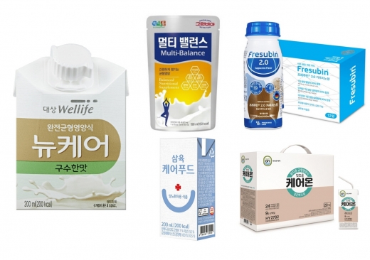(좌측부터 시계방향)대상웰라이프 ‘뉴케어 구수한 맛’, 정식품 ‘그린비아 멀티 밸런스’, 프레주빈의 ‘프레주빈 2.0 카푸치노향’, 한국야쿠르트 ‘잇츠온 케어온 검은깨&콩’, 삼육식품 ‘삼육 케어푸드 당뇨환자용 식품’./t사진=각사