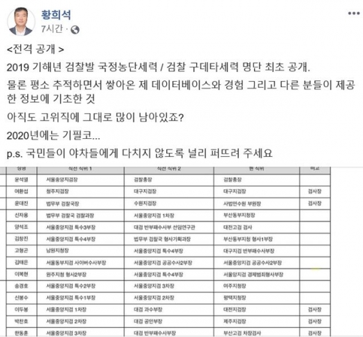 법무부 인권국장 출신 황희석 열린민주당 최고위원이 '검찰쿠데타 14인 명단'과 관련해 "이름이 빠져 있는 자도 있다"고 언급했다. 황희석 주장한 검찰쿠테타 명단. /사진=황희석 페이스북 캡처   