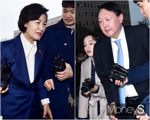 9일 대검찰청은 검언유착 사건을 서울중앙지검에 맡기겠다고 밝혔다. 사진은 추미애 법무부 장관(왼쪽)과 윤석열 검찰총장. /사진=임한별 기자