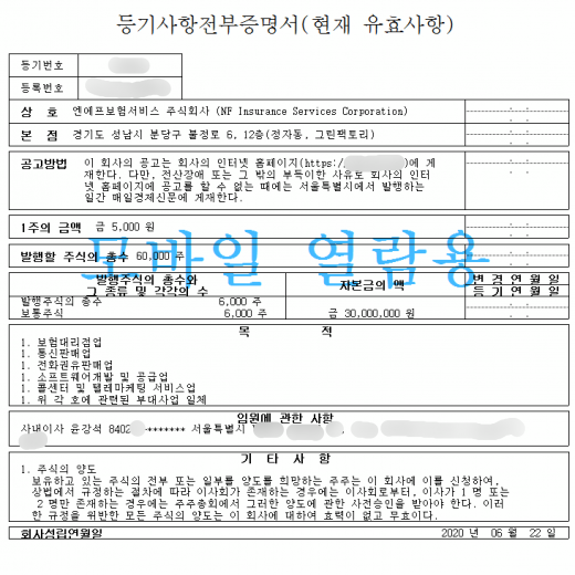 법인등기에 따르면 엔에프보험서비스의 본사는 네이버 그린팩토리와 같은 ‘경기도 성남시 분당구 불정로 6, 12층’에 위치한다. /사진=대법원 인터넷등기소