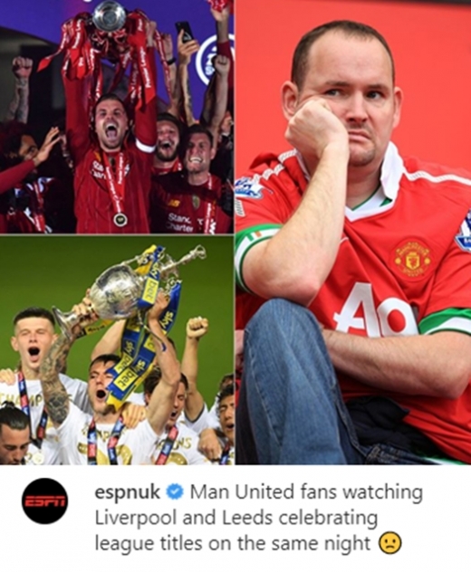 스포츠 전문매체 'ESPN'이 공식 인스타그램 계정을 통해 리버풀과 리즈 유나이티드 팬들의 우승 소식을 접한 맨체스터 유나이티드 팬들의 착잡한 마음을 표현했다. /사진=인스타그램 캡처