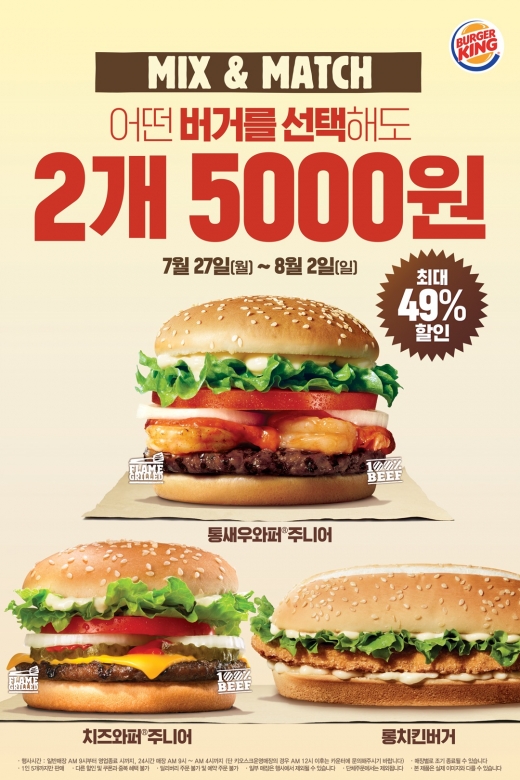 햄버거 브랜드 버거킹이 8월2일까지 인기 버거 메뉴 3종 중 어떤 메뉴를 선택해도 2개 5000원에 제공하는 믹스앤매치 프로모션을 실시한다/사진=버거킹