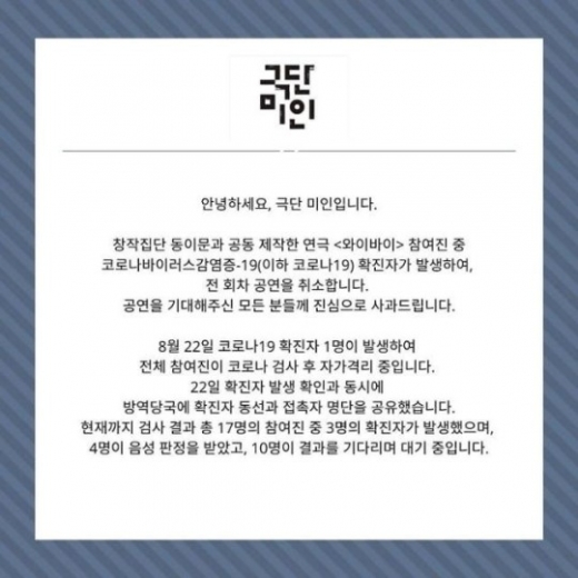 극단 미인에서 코로나19 확진자가 6명이 발생했다. /사진=페이스북 캡처