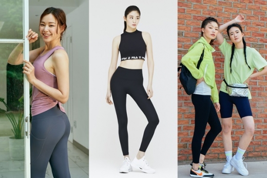 아웃도어시장은 최근 애슬레저룩에 밀리는 모습이다. 뮬라웨어(사진 왼쪽)와 같은 애슬레저 전문업체는 승승장구하고 있고 휠라(가운데), 신세계인터내셔날(오른쪽) 등 패션업체들도 애슬레저룩 생산에 뛰어들었다. /사진=각사
