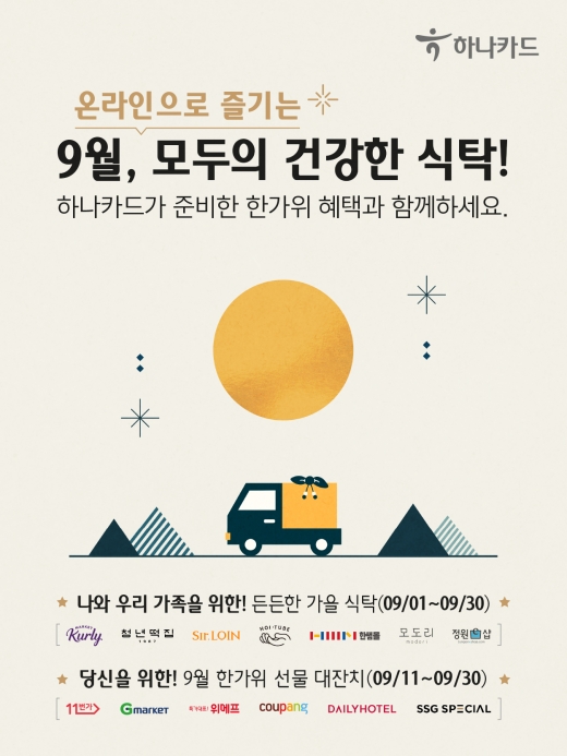 하나카드가 ‘모두의 건강한 식탁’, ‘추석 페스티벌’, ‘추석 연휴에는 여행&휴식’이라는 3가지 테마로 이벤트를 진행한다./사진=하나카드