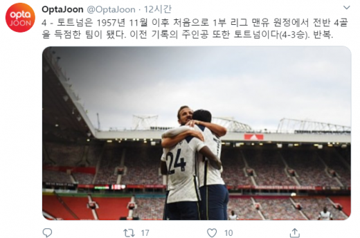 맨유는 지난 1957년 이후 또다시 토트넘에게 전반에만 4골을 실점하며 패했다. /사진=옵타 공식 트위터 캡처