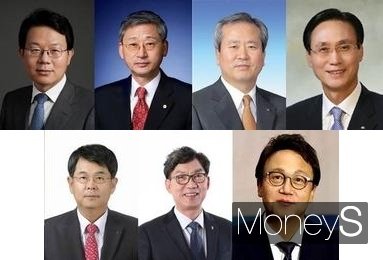 (왼쪽부터) 김광수 농협금융지주 회장, 이정환 주택금융공사 사장, 신상훈 전 신한금융지주 사장, 민병덕 전 국민은행장, 김병호 전 하나금융지주 부회장, 이대훈 전 농협은행장, 민병두 전 국회 정무위원장. /사진=각사