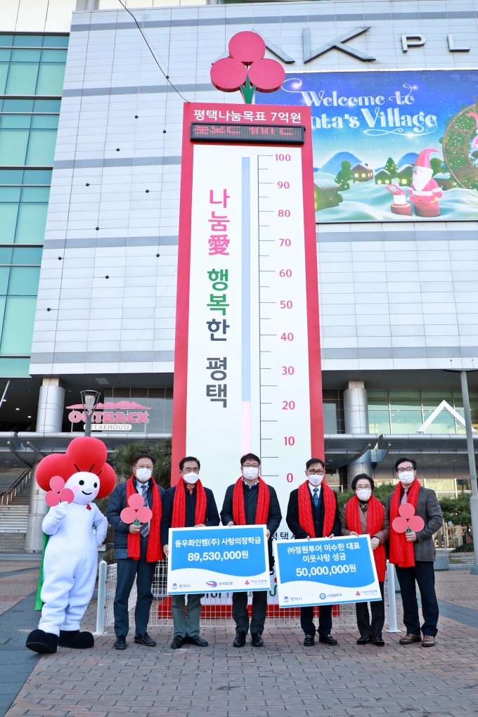 경기사회복지공동모금회(회장 이순선)는 지난 2일 평택역 광장에서 ‘평택시, 나눔의 열매를 맺다’ 희망2021나눔캠페인 사랑의 온도탑 제막식과 법인단체들의 성금 전달식을 진행했다. / 사진제공=평택시