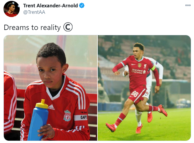 리버풀 수비수 트렌트 알렉산더-아놀드가 생애 첫 1군 주장완장을 받은 뒤 트위터로 소감을 밝혔다. /사진=트위터 캡처