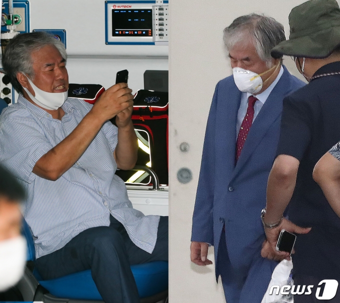 신종 코로나바이러스 감염증(코로나19) 확진 판정으로 입원 치료를 받은 전광훈 사랑제일교회 목사가서울 중랑구 서울의료원에서 퇴원했다. 코로나19 확진 판정을 받고도 마스크를 턱에 걸친 채 응급차를 탔던 전 목사는 퇴원할 때는 마스크를 착용하고 병원을 나섰다.  마스크를 턱에 걸친 채 응급차에 탑승한 전 목사(왼쪽)와 이날 오전 마스크를 착용하고 퇴원하는 전 목사. 2020.9.2/뉴스1 © News1 허경 기자,임세영 기자