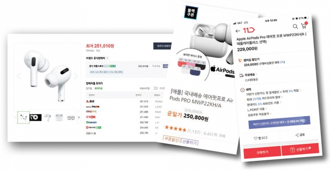 네이버에서 ‘에어팟 프로’를 검색한 결과(왼쪽)와 실제 티몬(가운데), 11번가(오른쪽)에서 판매하는 최저가 상품 가격이 차이를 보인다. /사진=각 사 화면 캡처