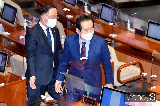 [머니S포토] 교섭단체 대표연설 종료…회의장 나서는 정세균-홍남기