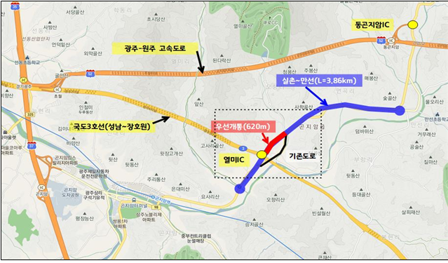 경기 동부지역 국지도 98호선 ‘실촌~만선’ 도로공사 구간 중 차량정체 지역인 광주시 곤지암읍 ‘열미교차로~오향교차로’ 0.62km 구간이 5일 정오 부분 개통한다. 위치도. / 사진제공=경기도