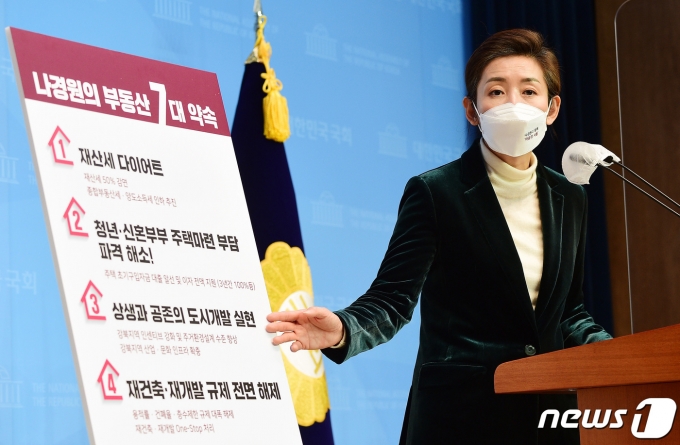 서울시장 보궐선거에 출마한 나경원 국민의힘 전 의원이 지난 5일 서울 여의도 국회 소통관에서 부동산 공약을 발표하면서 청년, 신혼부부에 최대 1억1700만원 지원혜택을 주겠다고 밝혔다 . 이후 허경영 국가혁명당 대표 공약을 닮았다며 '나경원이 아니라 나경영이냐'는 비판이 제기됐다.  © News1