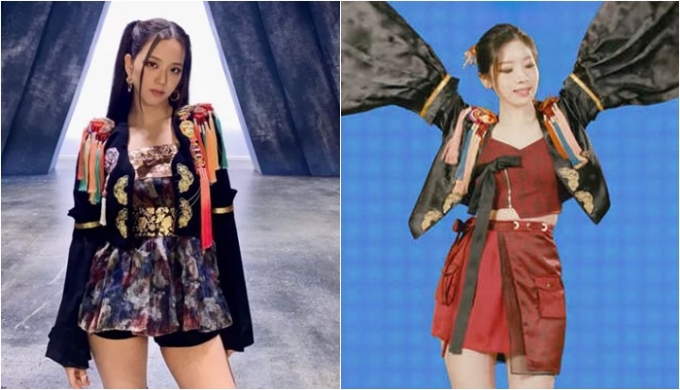 블랙핑크 지수(왼쪽)와 트와이스 다현의 의상이 비슷하다는 지적이 제기됐다. /사진=블랙핑크 'How You Like That' 뮤직비디오 캡처,'나로 바꾸자' 유튜브 커버 영상 캡처