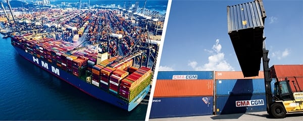 HMM 컨테이너선(왼쪽), CMA-CGM 컨테이너 박스. /사진=HMM, 로이터