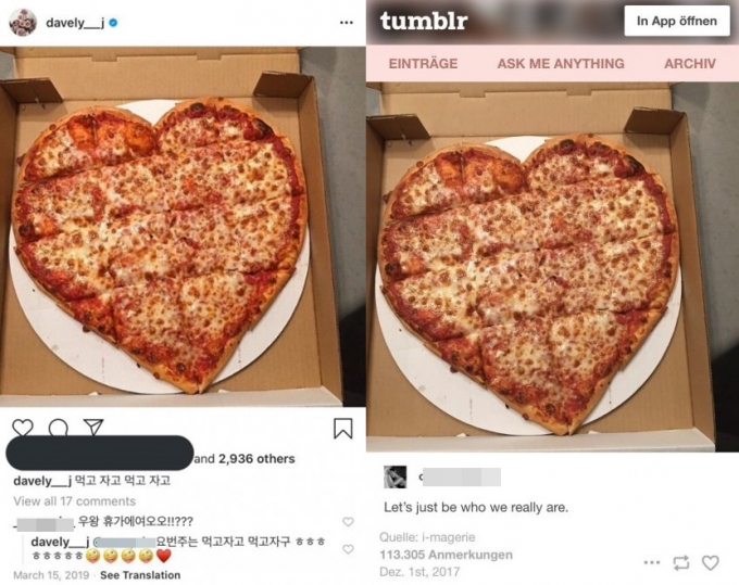 이다영 인스타그램(왼쪽)과 도용 의혹을 받는 사진. /사진=온라인커뮤니티