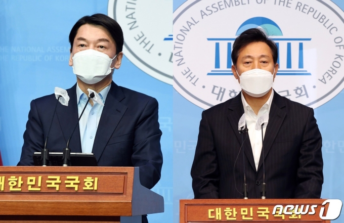 4·7 서울시장 보궐선거에 출마한 안철수 국민의당 후보와 오세훈 국민의힘 후보 © 뉴스1