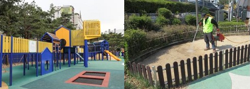 지난 해 개장된 ‘어린이꿈공원’ 놀이터(좌)와 모래놀이터 소독하는 모습(우)./사진제공=성동구